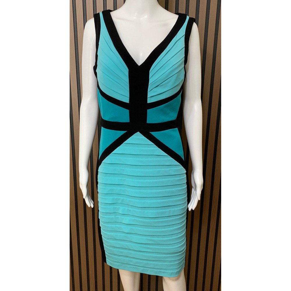 Cache Colorblock Bandage Bodycon Dress Turquoise Teal Black V-Neck Size 12